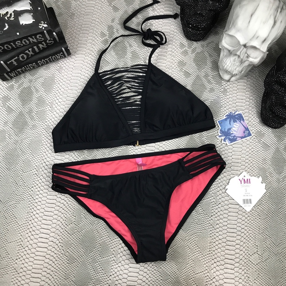YMI black sexy stringy strappy halter bikini top